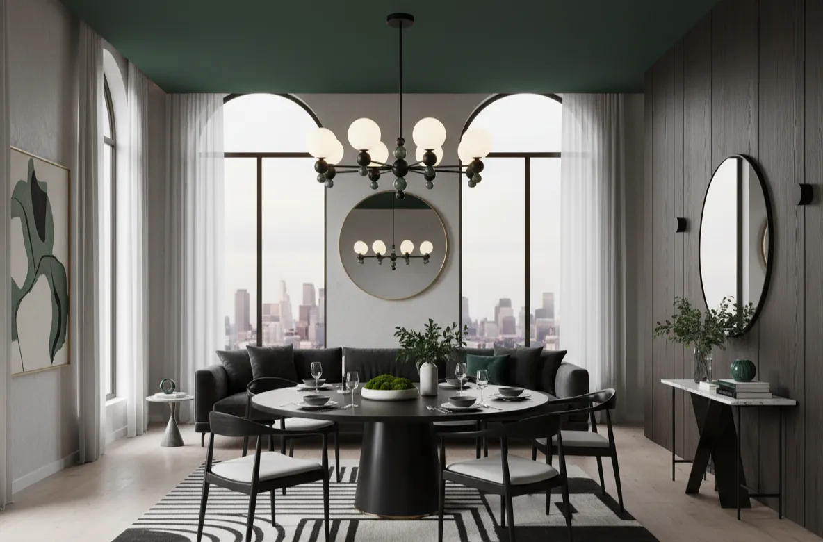 Light Luxury pendant lamp featuring matte black finish, opal glass shades, and natural green marble accents